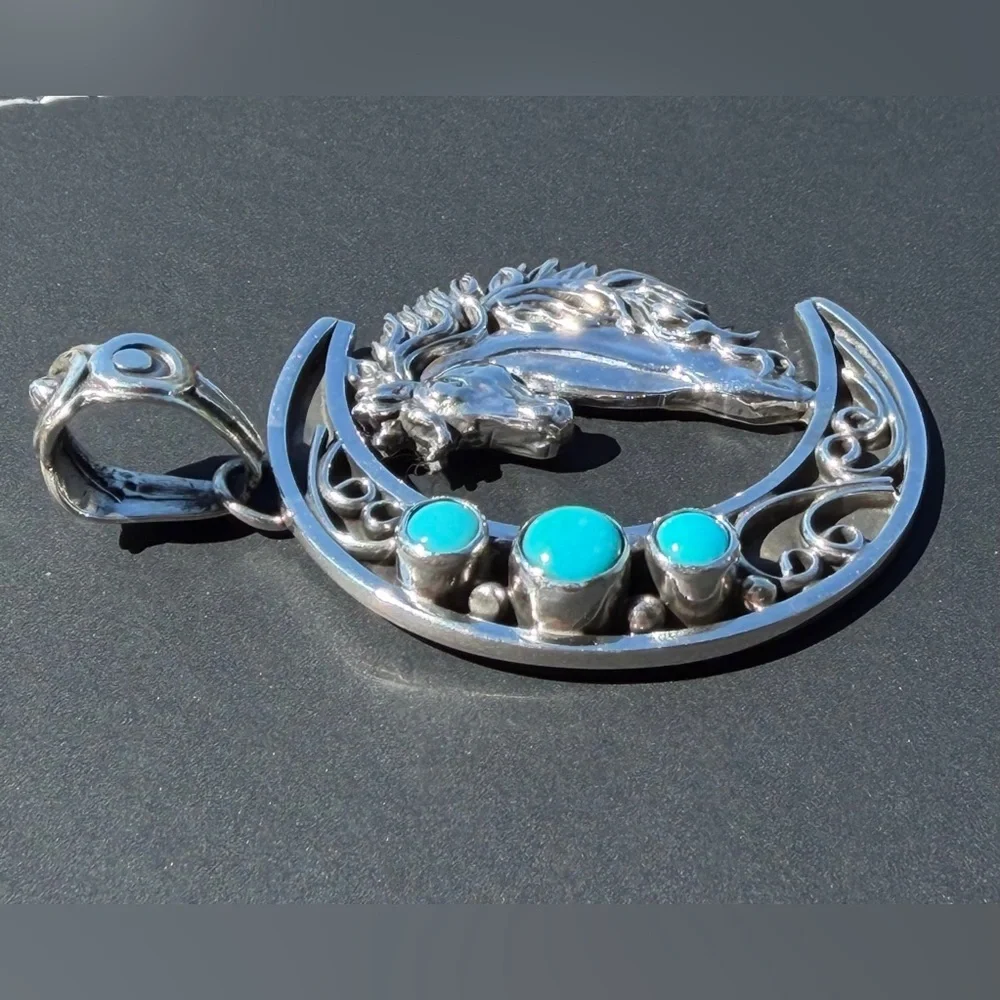 Jennifer Cayaditto Signed Sterling Silver Triple Turquoise Moon & Horse Pendant